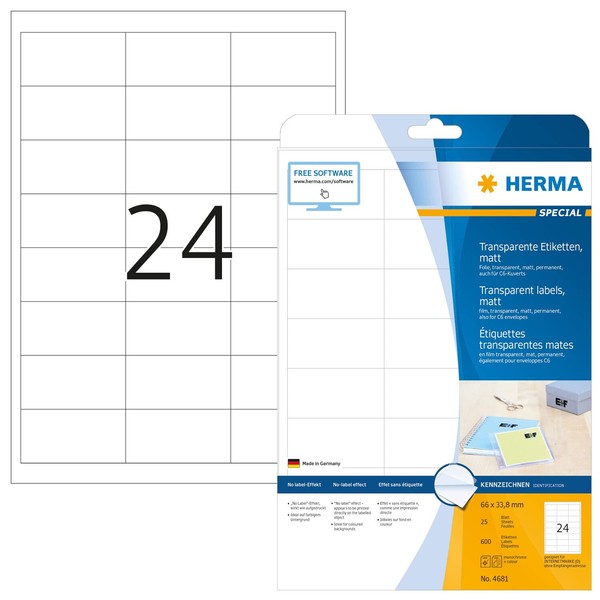 HERMA 4681 Wetterfeste Folienetiketten transparent, 25 Blatt, 66 x 33,8