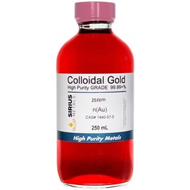 True Colloidal Gold – 25 ppm - 99.99+% Purity - 250 mL (8.45 Fl Oz) in Clear Glass Bottle - Made in USA