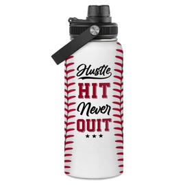 SANDJEST Botella de agua de béisbol de 32 onzas Hustle Hit Never Quit - Botellas aisladas de acero inoxidable para hombres, mujeres, amantes de los deportes, jugadores de béisbol, entrenadores,