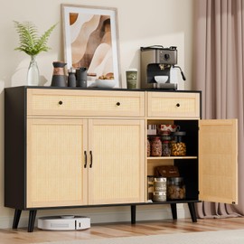 Loomie Sideboard Buffet Storage Cabinet, Rattan Cabinet with 2 Drawers & 3 Doors, Buffet Table for Kitchen, Dining Room, Living Room (Black)