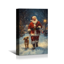 Christmas Themed Canvas: Santa and Dog on Snowy Walk in Forest, Ideal Xmas Decor Perfect for Christmas Home Decorcolor: As shown, size: 24*36 inch