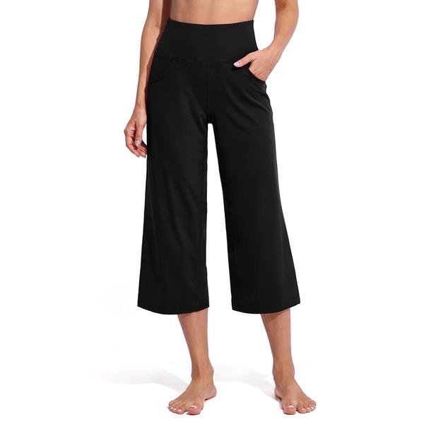 Promover Capri Pants for Women Wide Leg Yoga Pants for Women High Waisted Crop Pants Comfy Stretch Workout Casual Lounge Dress Flare Pants(Black,L,22")