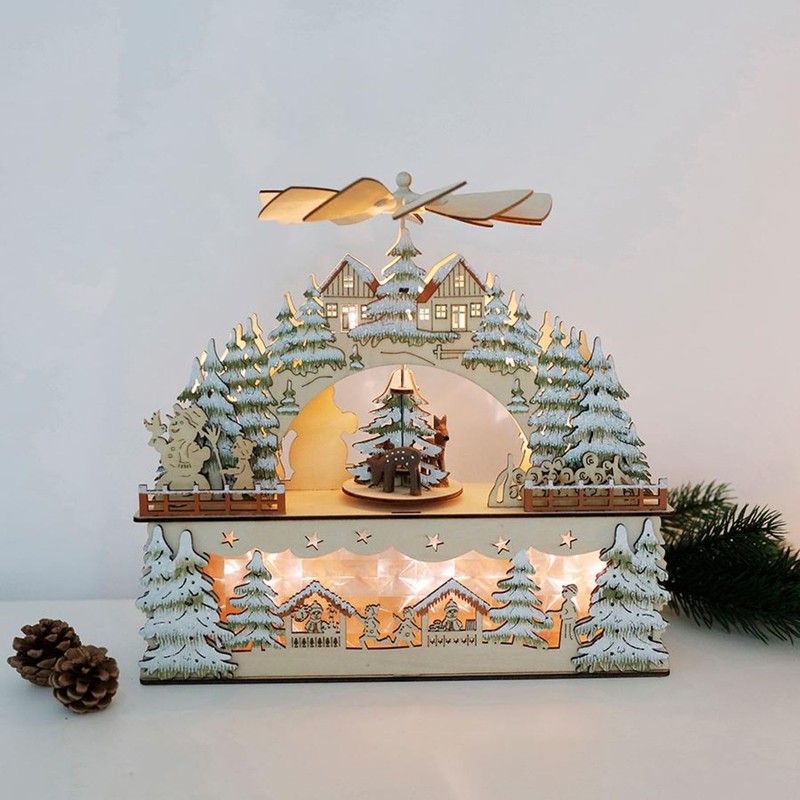 Christmas Wooden Scene 3D Model Illuminated Houses Fir and Snowfall