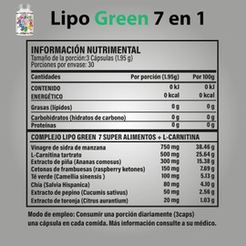 Lipo Green 7 en 1 | Vinagre de Manzana, Carnitina, Cetonas de Frambuesa, Té Verde, Chía, Extracto de Piña, Pepino y Toronja | Ingredientes 100% Naturales de Calidad | Suplemento Alimenticio Prémium | Purely Organics | 90 Cápsulas.
