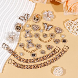 WAQYGZO 24 Pcs Shoe Charms Chains Accessories for Women Flower Pearl Clog DIY Shoe Decoration Charms Rhinestone Shoes Charm Chains Bling Cute Decor for Party Birthday Favor