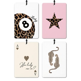 DEQSX Trendy Leopard Print Car Air Freshener 4 Pcs, Star Cheetah Print Bow Lucky 8 Ball Ace Card Hanging Air Freshener for Closet Drawer Books, Girly Car Accessories Mirror Decor for Women