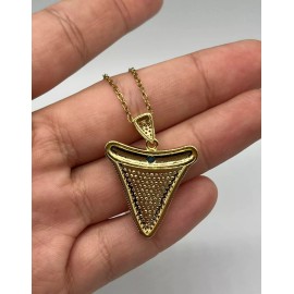 Shark Tooth Cubic Zirconia Pendant Brass Plated Chain 18'' Necklace