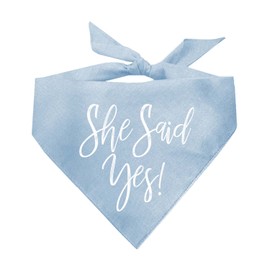 She Said Yes! Dog Bandana | 100% Cotton Triangle | Made in USA | Wedding Photo Prop | Bridal Shower | Engagement Announcement | Baby Blue, One Size (332)
