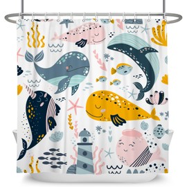 Colorful Ocean Themed Shower Curtain for Boys Kids Yellow Pink Dolphin Navy White Whale Gray Blue Lighthouse Modern Bathroom Decorations Waterproof Shower Curtains Set with Hooks 72''x72''
