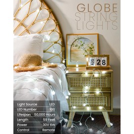 JOLYMOLY Globe String Lights 59 Ft 100 LED Fairy Lights Plug in with Remote Timer, Connectable Small Frosted Globe Christmas Lights for Bedroom Wedding Xmas Tree Indoor Outdoor Decor, Cool White