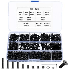 820 Pcs M4 Bolts and Nuts Set, M4 Countersunk Bolts, M4 Nuts and Bolts Assortment, Machine Screws Bolts Nuts & Lock Washers & Spring Washers, Flat Head Hex Socket Head Cap Screws Bolts Set, Black (M4)