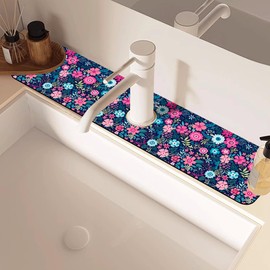 Modern Blue and Pink Floral Sink Faucet Absorbing Mat Sink Splash Guard Faucet Mat Draining Mat Fast Drying Sink Protectors for Kitchen and Bathroom 5.5"×24"