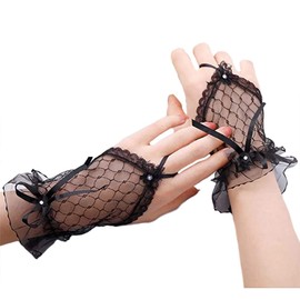 Latious Womens' Lace Wedding Gloves Short Fingerless Rhinestone Gloves Bow Mesh Gloves Costume Accessories for Banquet Party (Black)