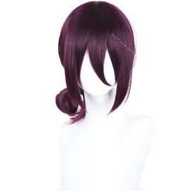 Reze Cosplay Wig Short Dark Purple Anime Cosplay Wigs with Bangs & Bun