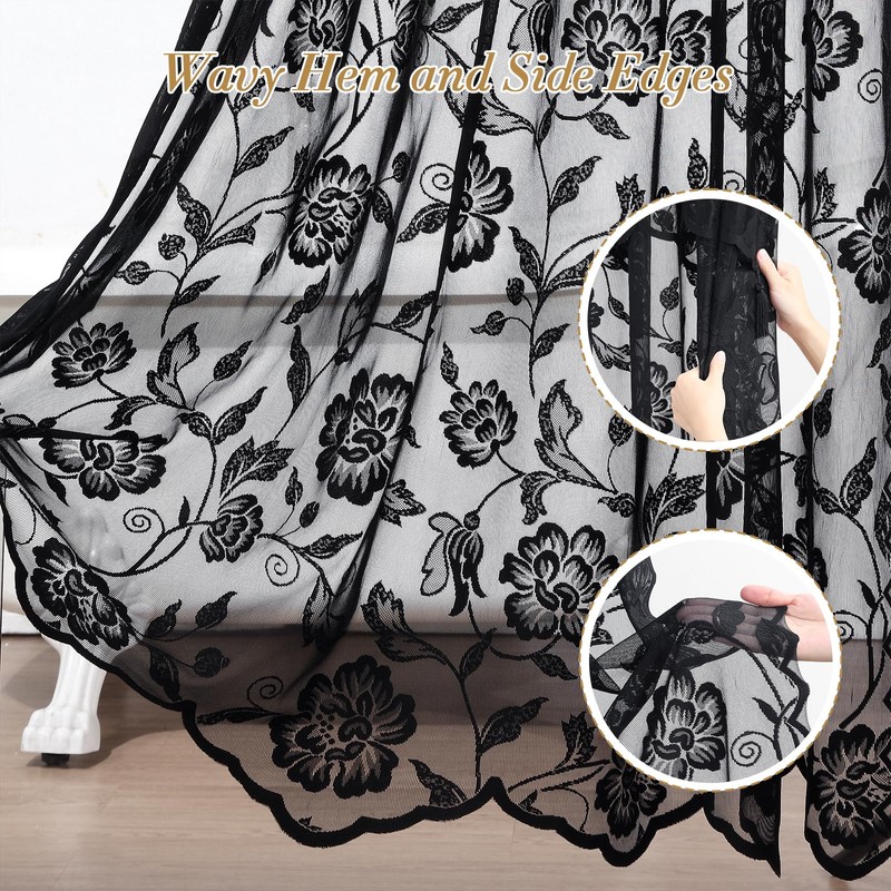 SD SDLIVING Black Lace Shower Curtain with Tassels,Luxury Floral Sheer