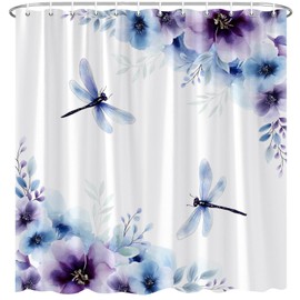 Retro Floral Dragonfly Shower Curtain Spring Blue Purple Flowers and Green Leaves for Women Girls Flowered Bathroom Home Decor Bath Decor Polyester Fabric Curtains 70X70 Inch