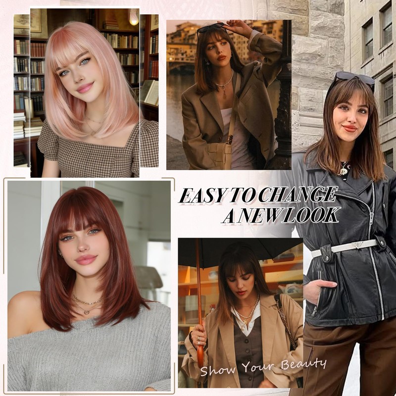 Brown Bob Wig with Bangs Shoulder Length Straight Wigs for