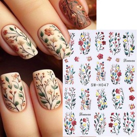 6 Sheets Autumn Flower Nail Decals for Nail Art 3D Self-Adhesive Fall Nail Stickers Orange Starfish Floral Nail Art Stickers Cute Colorful Small Flowers Leaves Nail Design Decals for Women
