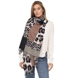 Glamexx24 Women's XXL Scarf Cuddly Warm Leopard Pattern 3 Coloured Fringe Poncho Scarf Oversized Blanket Scarf, light brown