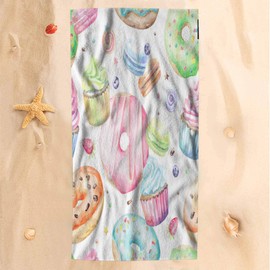 HOSNYE Cupcakes, Donuts Hand Towel for Bathroom Sweet Delicious Watercolor Pattern with Macarons Absorbent Soft Towels for Beach Kitchen Spa Gym Yoga Face Towel