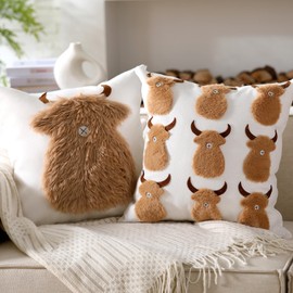 Cinnvoice Highland Cow Pillow Covers 18 x 18 Inch Set of 2 Embroidery Farmhouse Cow Linen Throw Pillow Covers Soft Plush Pillowcases for Sofa Couch Living Room Home Decors Highland Cattle Lover Gifts