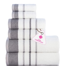 CASA COPENHAGEN White Bay 600 GSM Egyptian Cotton Towel for Hotel Spa Kitchen Bathroom, Set of 6, 2Bath, 2Hands, 2Washcloths - White with Dark Grey Light Grey Border