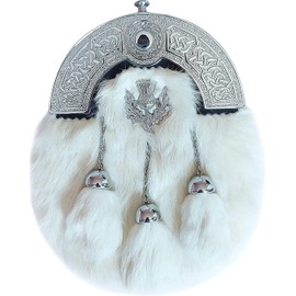SITARAZ FULL DRESS KILT SPORRAN WHITE FUR, THISTLE BADGE, CHROME CELTIC CANTLE WITH THISTLE FOR MEN STRZ-011