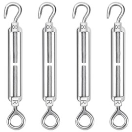 Pack of 4 Stainless Steel Rope Tensioners, M8 Turnbuckles, Wire Tensioners, Adjustable Tension Hooks, Hook and Eyelet, Wire Rope Steel Cable for Awnings, Washing Lines, Rope System