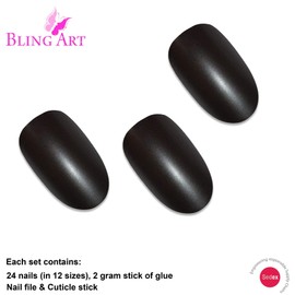 Bling Art Oval False Nails Black Silver French Manicure Fake Medium Tips with Glue