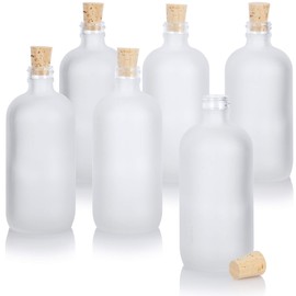 JUVITUS 8 oz Frosted Clear Glass Boston Round Bottle with Cork Stopper Closure (6 Pack)