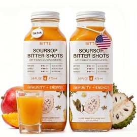 BITTE Soursop Bitters Liquid – Immune + Energy Shots – 2 Pack Ready to Drink Mango Soursop Juice with Zinc, Ginseng, Guarana & Turmeric – Clean Formula No Sugar, Vegan, Gluten-Free, Non-GMO – 32 fl oz Total