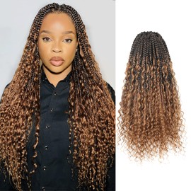Toyotress Boho Box Braids With Human Hair Curls - 24 Inch 8 Packs (96 Strands) Handmade Pre-Looped Crochet Human Hair Boho Box Braids, Ombre Brown CrochetBraids Braiding Hair (24 Inch, T30-8P)