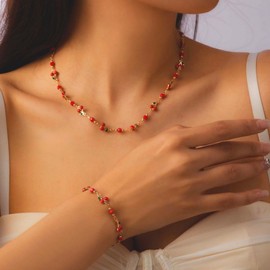 Gold Flower Anklet for Women Dainty Cherry Ankle Bracelet Pearl Butterfly Link Anklets Evil Eye Heart Anklets Adjustable Summer Beach Jewelry Gifts (01)