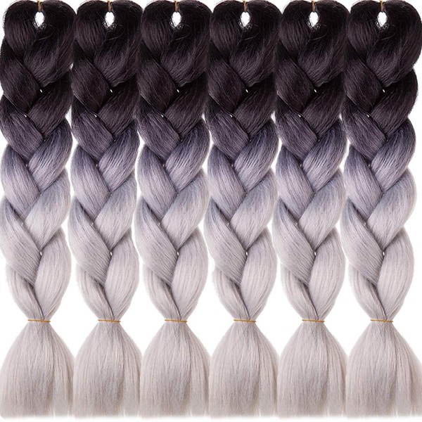 LDMY Ombre Grey Braids Extensions, 24 Inch 2-Tone Jumbo Braids, Silver Grey Braiding Hair, Synthetic Hair for DIY Wigs, 6 Pieces/Pack, 100 g/pc