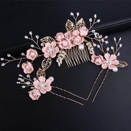 Bridal Hair Combs, Wedding Hair Comb Set Crystal Flower Hair Clips Bride Bridesmaid Hair Sides Comb Rhinestone Barrettes, Pearl Flower Hair Pins Hair Accessories for Women Girls (Pink)