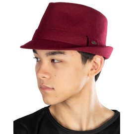 Funky Junque Men's Wool Blend Short Brim Fedora Hat, Burgundy Trilby, Adjustable Size Small