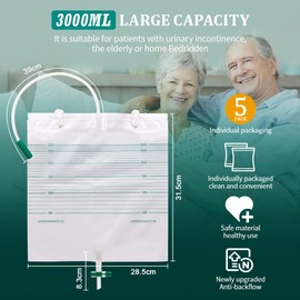 Eqivei Pack of 5 3000 ml leg bags, urine drainage bag, urine bag with anti-reflux film, catheter leg bag with 2 fabric straps, valve and T-drain