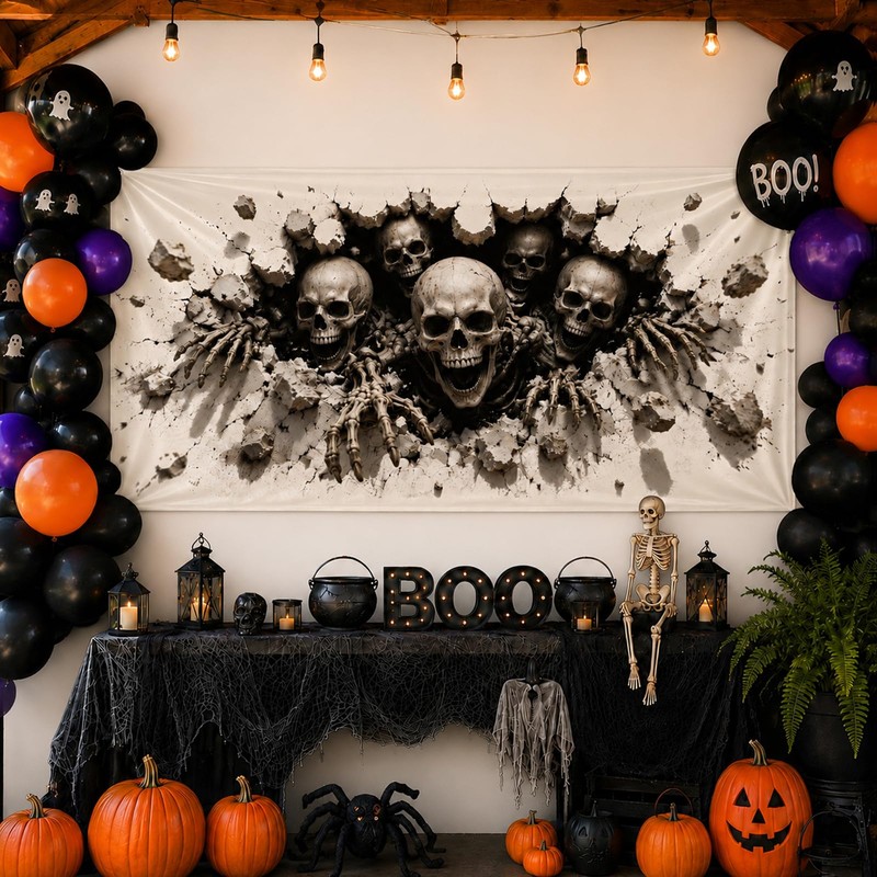 Halloween Decorations Outdoor, Plastic Backdrop 65" x 32.7", Skull Halloween