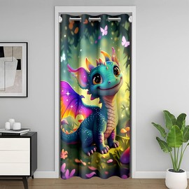 Castle Fairy Cute Dragon Door Curtain Mushroom Floral Butterfly Blackout Curtain for Teens Adults Purple Orange Wings Dragon All Season Blackout Curtain Dreamy Jungle Door Drape 34" W X 80" L