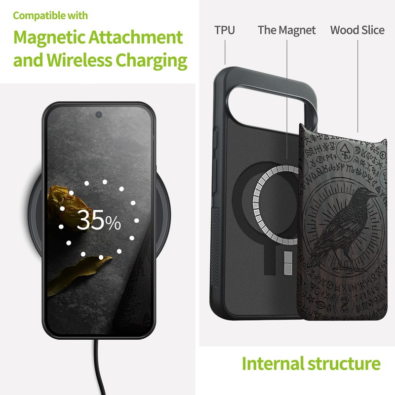 Carveit Wood Case for Pixel 10, (The Haloed Crow) Blackwood