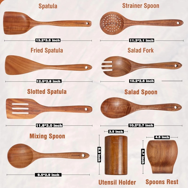 Mooues 9 Piece Natural Teak Wooden Spoon Set With Holder