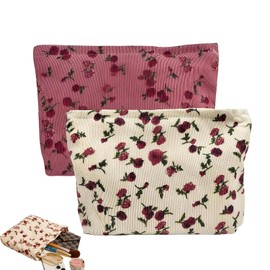 Travel Makeup Bag, 2Pcs Rose Flower Printing Corduroy Toiletry Bag, Large Capacity Floral Toiletry Bags Floral Makeup Bags for Ladies and Girls(Red/Beige)