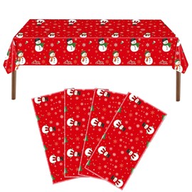 Wentsent 4Pcs Christmas Tablecloth, 137x274cm Red Large Plastic Rectangle Elk Snowman Xmas Tree Party Table Covers Xmas Dinner Tablecovers for Winter Holiday Christmas Tableware Decorations