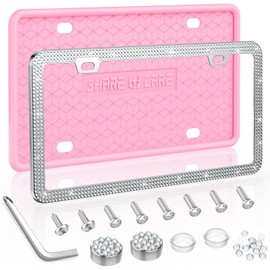 QiqaMole QiqaMole 2 Pack License Plate Frame Include 1 Silicone License Plate Frame and 1 Crystal License Plate Cover with Rhinestone Crystal Diamond Screw Set Car Bling License Plate Frames (Pink + White)