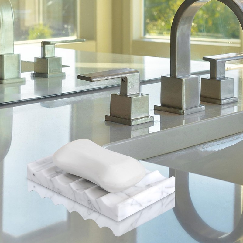 Luxury Marble Soap Dish Tray,Rectangle Stone Marble Soap Tray,Self Draining