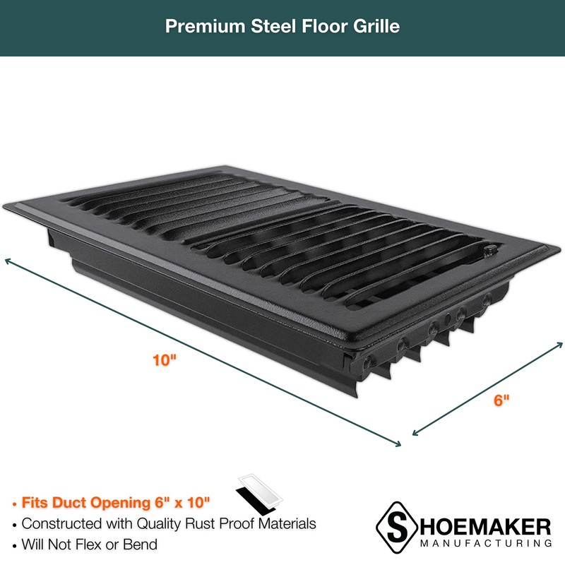 Shoemaker Manufacturing, Black, 6x10, Premium Floor Register, All Steel Heavy