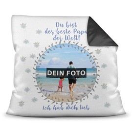 PR Print Royal Cushion with Your Own Picture and Name for Dad – Blue/Photo Collage as Gift Idea/Decorative Cushion/Decorative Cushion/Back Black with Filling