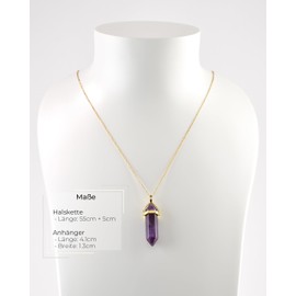 LAVISA Obelisk Gemstone Necklace Gold Pendant Real Crystal Chain Necklace Rose Quartz Amethyst Natural Stone, 55 + 5 cm, Stainless Steel