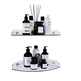 Bakzon Acrylic Corner Shower Shelves, 2 Pack Adhesive Shower Caddy Organizer for Tile Walls, Wall Mounted Clear Bathroom Shower Shelves for Inside Shower & Kitchen Storage