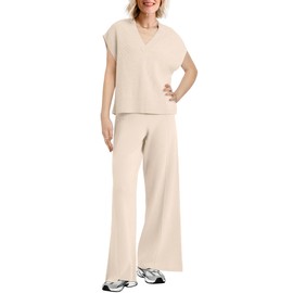 Caracilia Women's Summer 2 Piece Sweater Vest Sets Knit Top & Wide Leg Pants Lounge Matching Set 2025 Spring Airport Outfits Beige Small